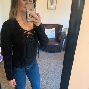 Lace Up Black Sweater - Size Small